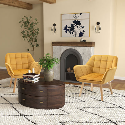 Set of 2 Upholstered Armchairs with Wide Arms and Wooden Legs for Bedroom Seating Yellow