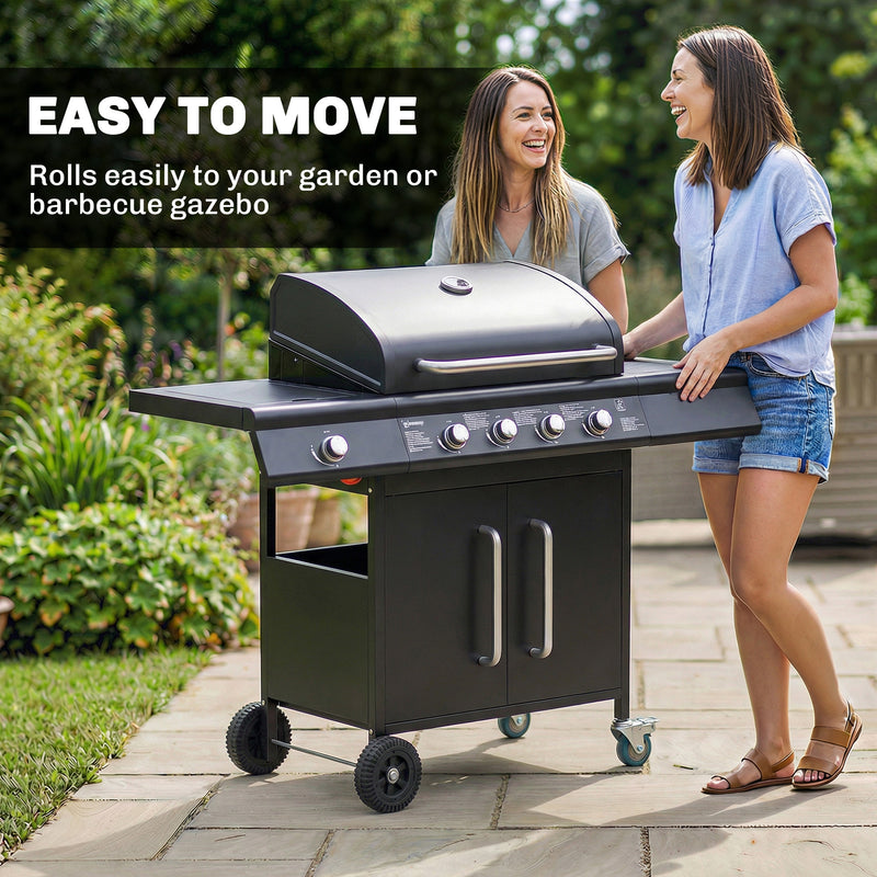5 Burner Gas Barbecue Grill for Easy Family Cooking and Garden Entertaining Black Outsunny