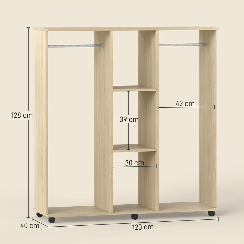 Open Wardrobe with Rails and Shelves for Easy Bedroom Storage on Wheels Natural Wood Finish