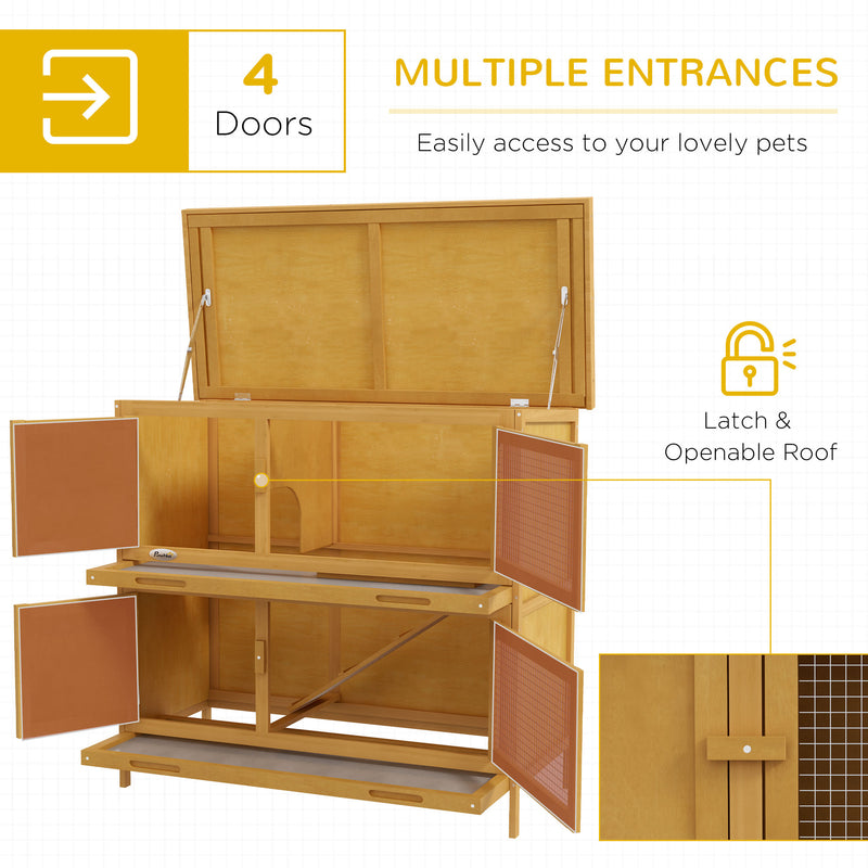 Two Tier Wooden Rabbit Hutch with Slide Out Tray for Outdoor Use, Yellow