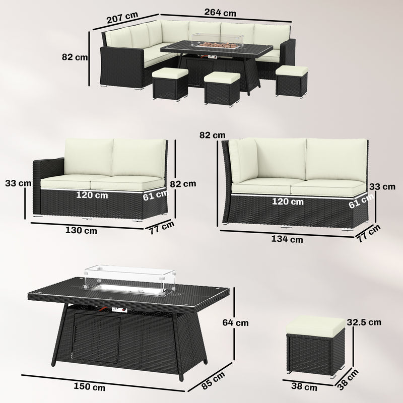 Rattan Garden Furniture Set with Gas Fire Pit Table for Warm Outdoor Dining and Relaxing Cream White