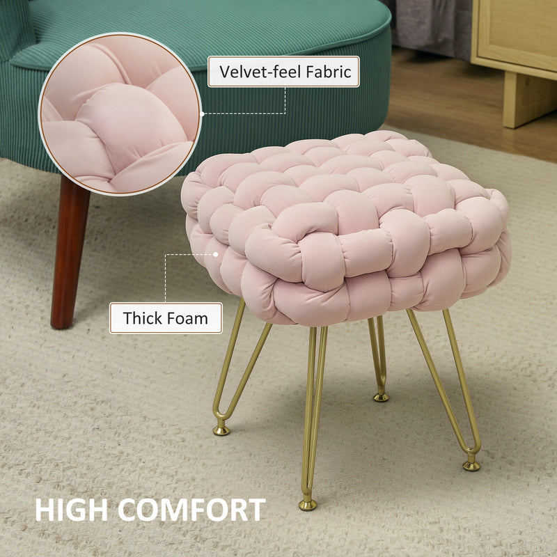 Pink Velvet Feel Woven Square Footstool with Gold Legs Bold Design by HOMCOM