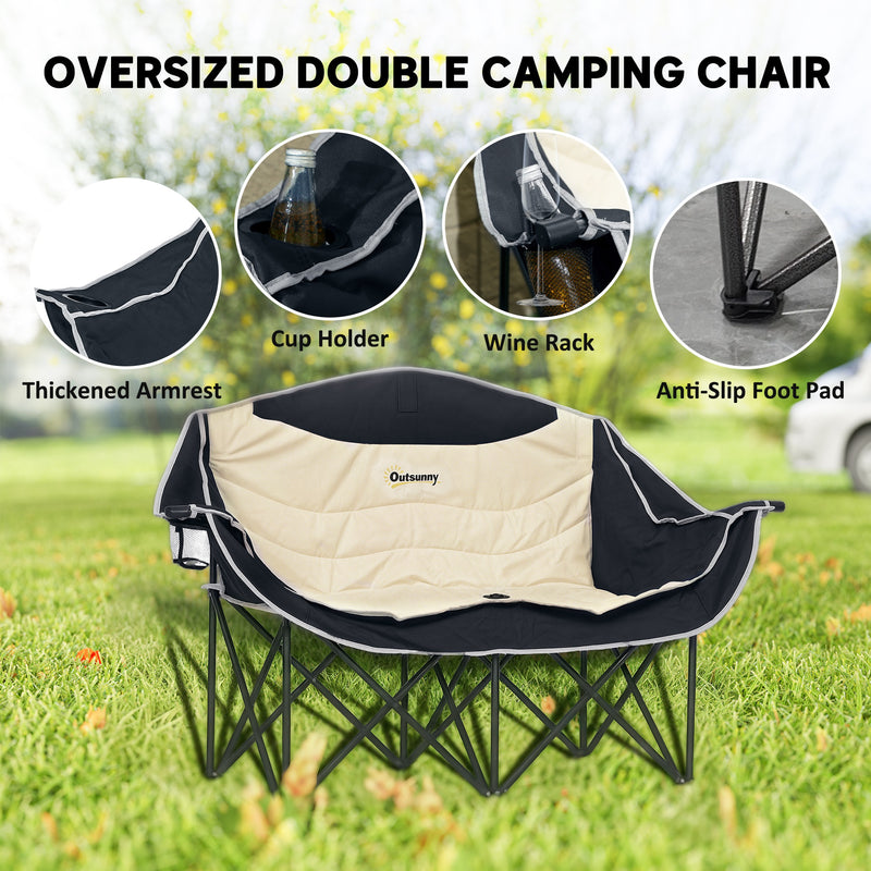 Double Camping Chair for Two with Padded Seats and Carry Bag for Outdoor Relaxing Khaki