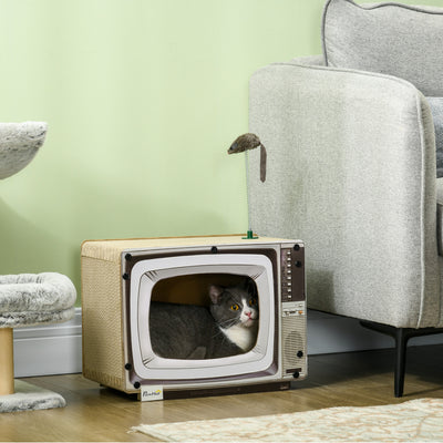 TV Shaped Cat Scratching Board with Catnip and Toy Rat for Indoor Cats Grey