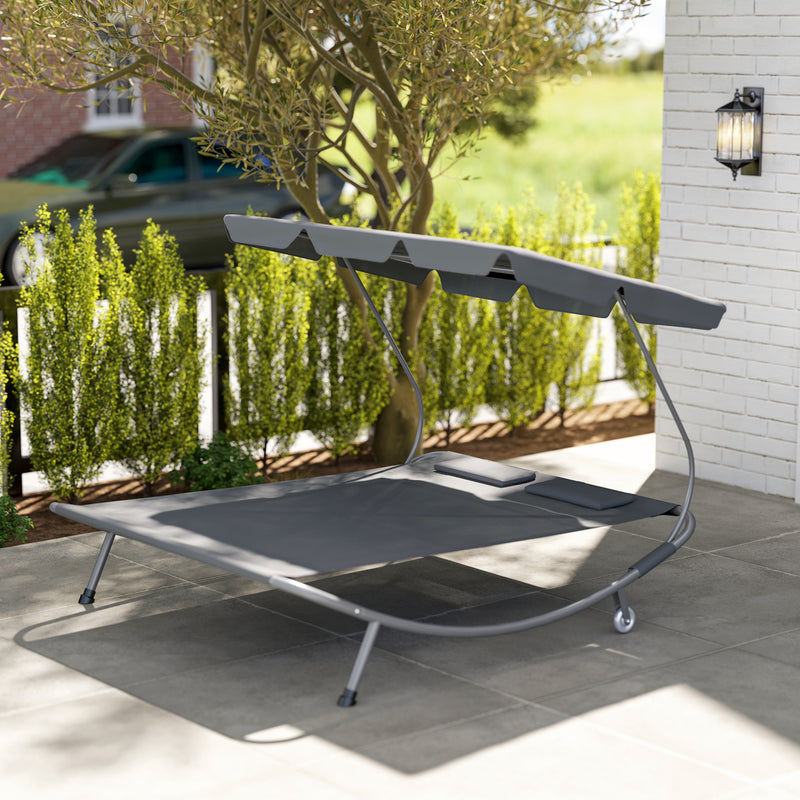 Double Outdoor Bed with Canopy Light Grey Relaxing Garden Lounger by Outsunny