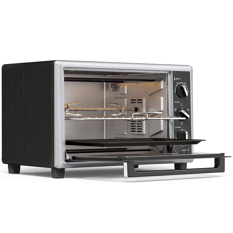 Black 36L mini convection oven with silver trim, door open and rotisserie fork and tray inside