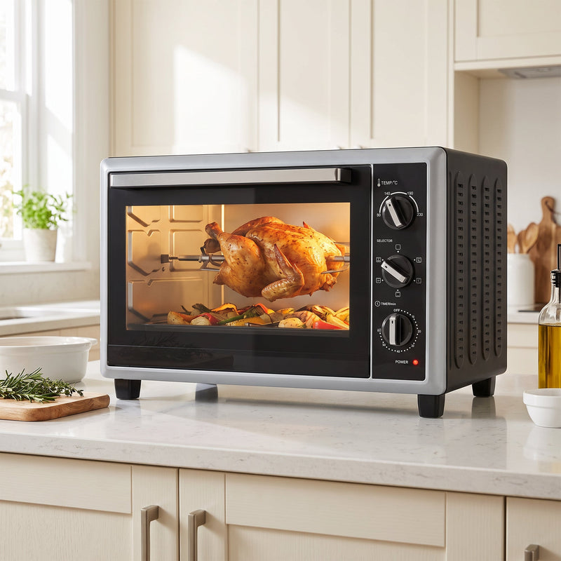 36L mini oven on a kitchen worktop roasting a whole chicken on the rotisserie beside vegetables