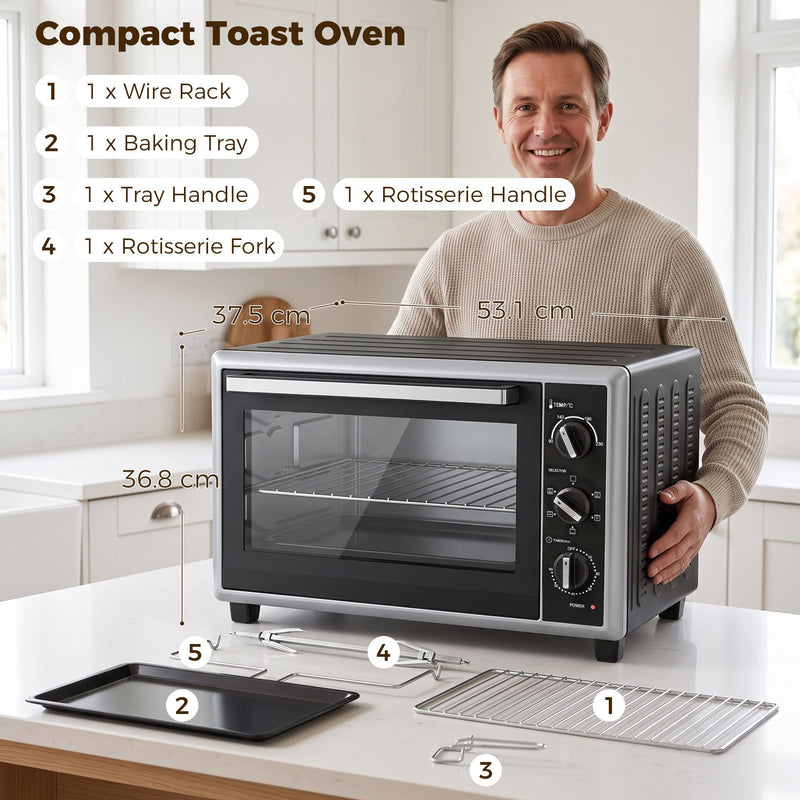 36L mini oven with labelled accessories and 53.1 x 37.5 x 36.8 cm dimensions