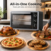 Mini oven surrounded by roast chicken, pizza, lamb chops and cookies for all-in-one cooking