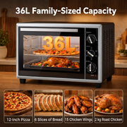 36L capacity graphic showing a 12-inch pizza, bread slices, chicken wings and a 2 kg roast chicken