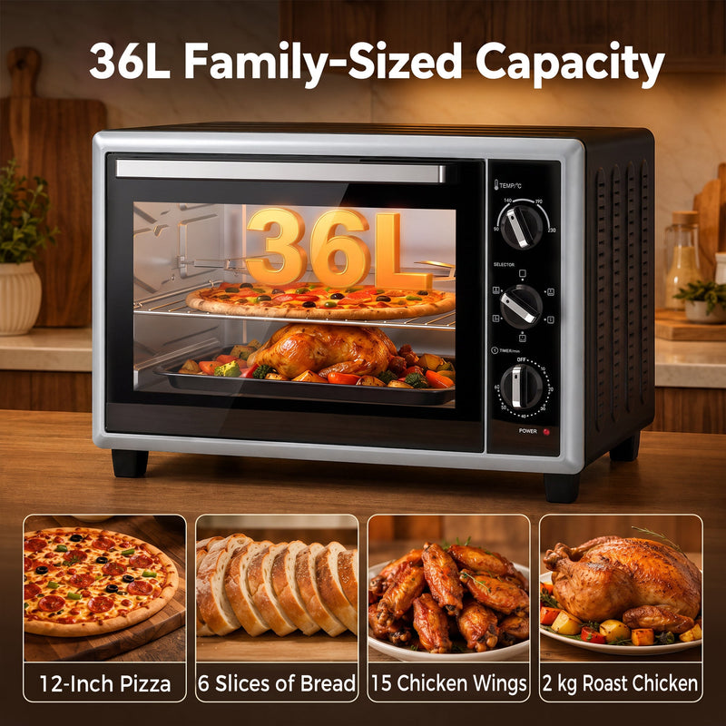 36L capacity graphic showing a 12-inch pizza, bread slices, chicken wings and a 2 kg roast chicken