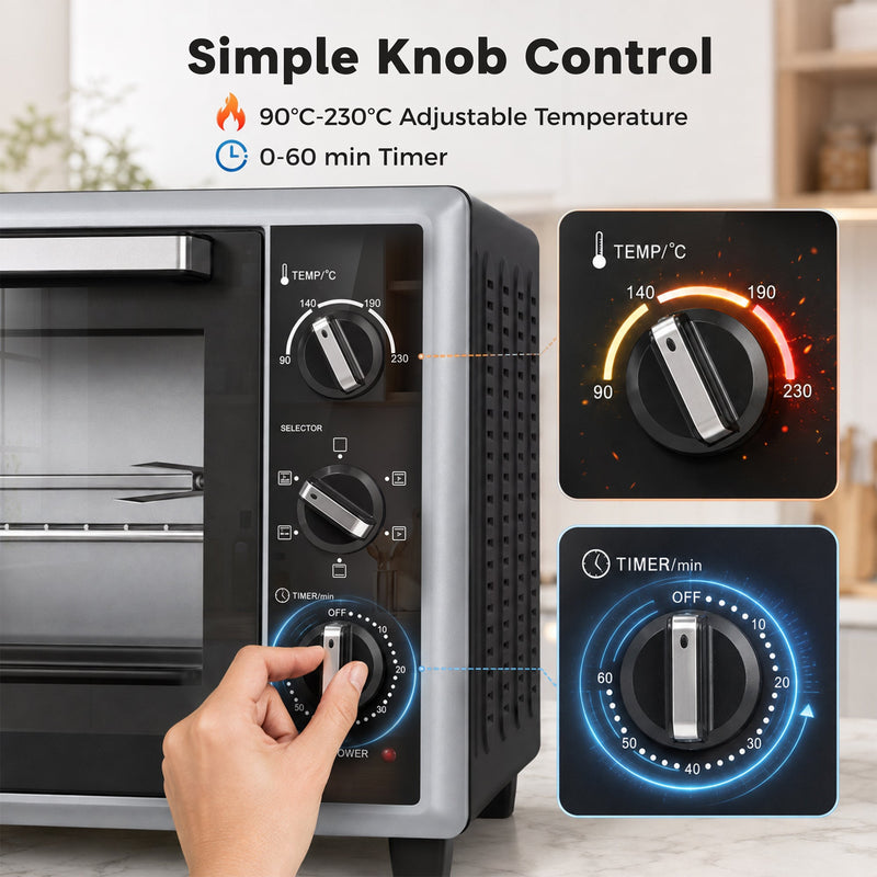 Close-up of the temperature and timer knobs showing 90-230°C and 60 minute settings
