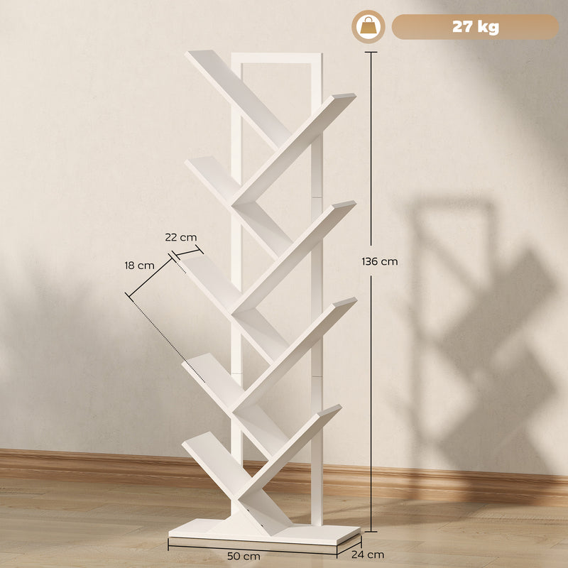 Tree Bookshelf with Eight Sections for Compact Book and Media Storage White AOSOM