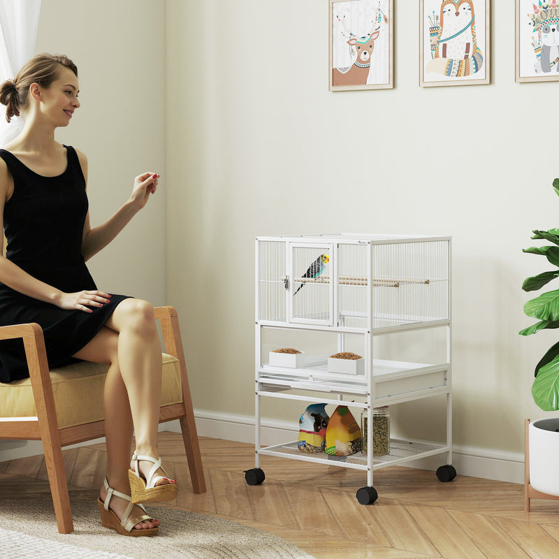 Bird Cage with Rolling Stand and Storage Shelf for Budgies and Parakeets by Outsunny