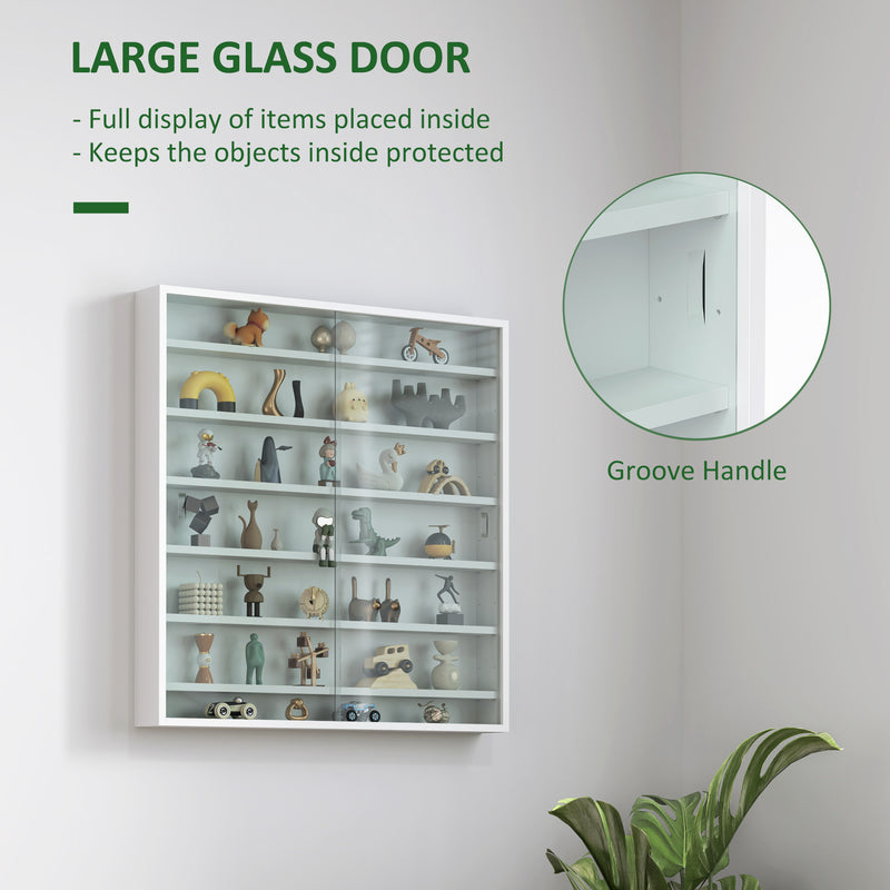 White 7 Tier Wall Display Cabinet with Glass Doors and Adjustable Shelves by HOMCOM