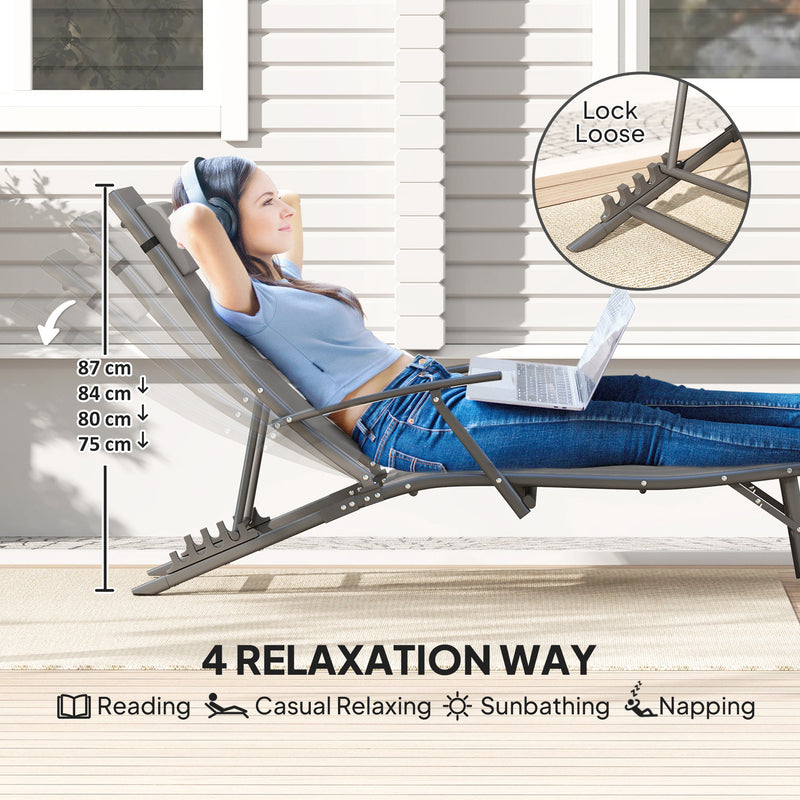 Set of 2 Grey Folding Sun Loungers with Adjustable Backrest and Pillows for Garden and Beach by Outsunny