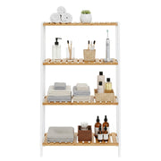 Bamboo storage shelf shown holding shoes in a hallway