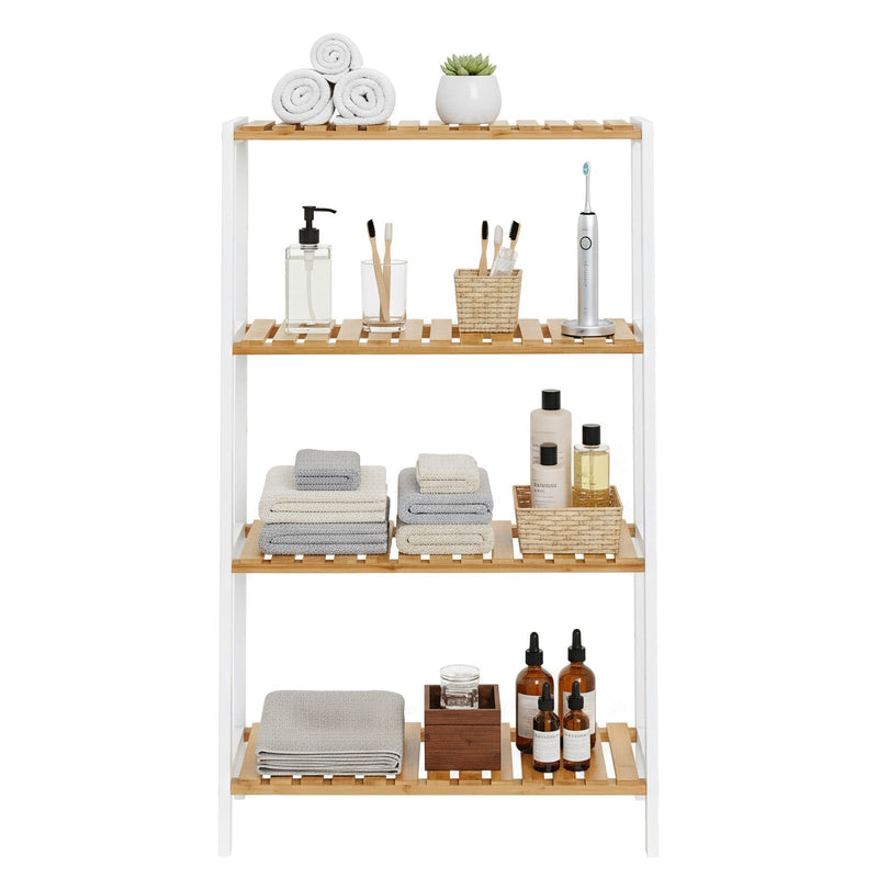 Bamboo storage shelf shown holding shoes in a hallway