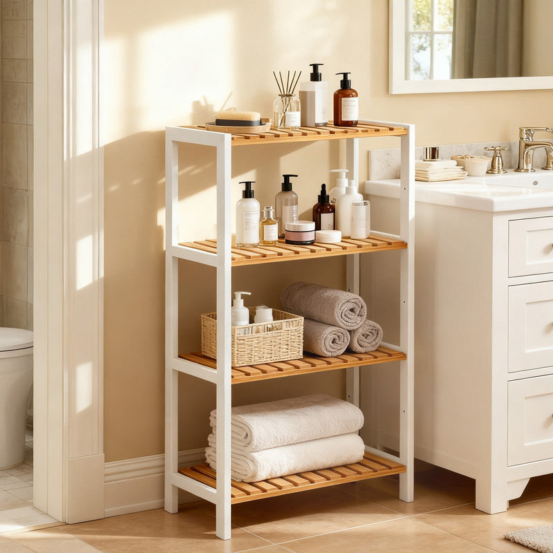 Songmics bamboo shelf styled in a bathroom setting