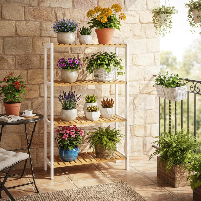 Songmics bamboo shelf used to display plants