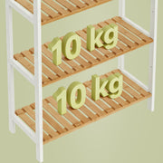 Close-up of the assembled bamboo shelf joints and legs