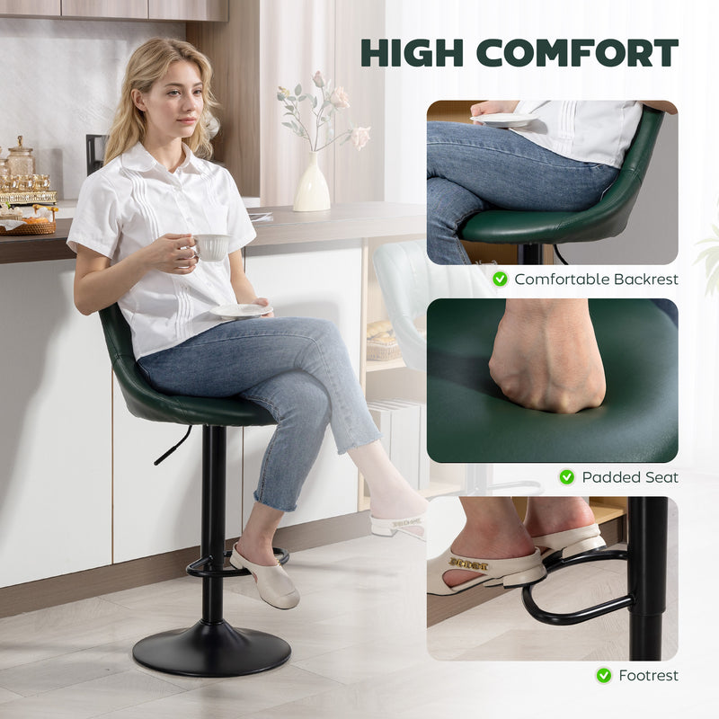 Set of 2 Adjustable Faux Leather Swivel Bar Stools with Footrest for Kitchen Island Dark Green
