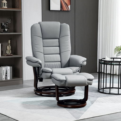 Reclining Swivel Armchair with Footstool and Wooden Base for Living Room Comfort Grey