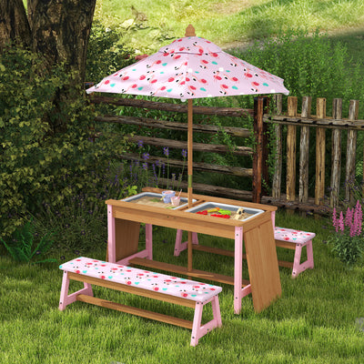 Kids Picnic Table Set with Foldable Umbrella Cushions Storage Boxes Flamingo Design Pink by AIYAPLAY