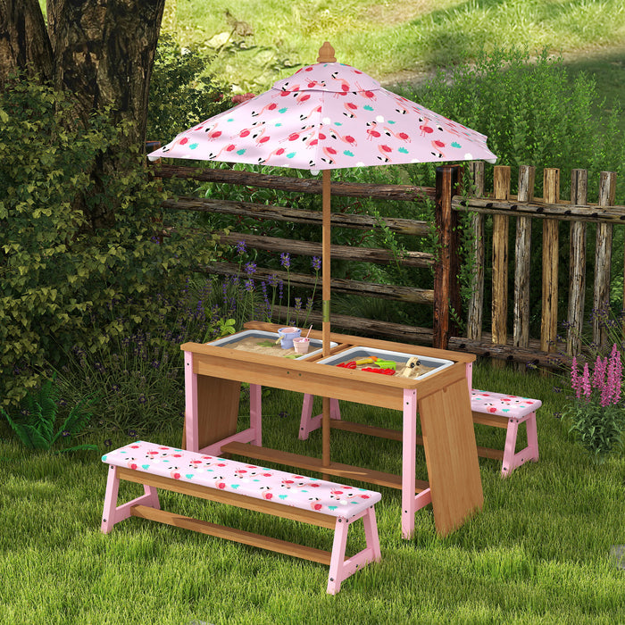 Kids Picnic Table Set with Foldable Umbrella Cushions Storage Boxes Flamingo Design Pink by AIYAPLAY