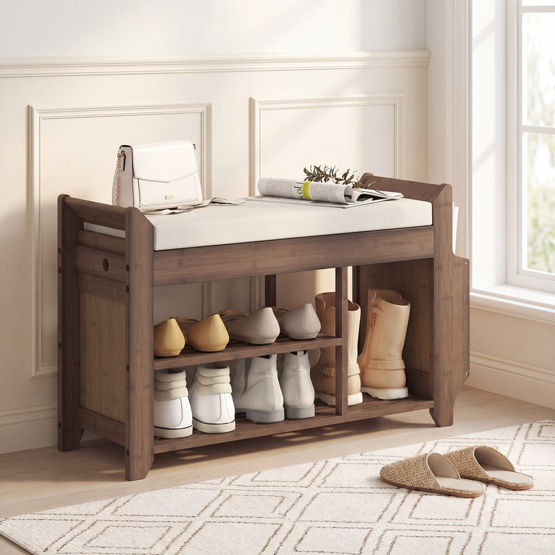 Hallway Shoe Storage Bench with Padded Seat and Side Compartment for Narrow Spaces Cream