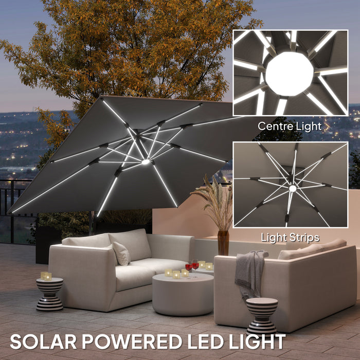 Grey 3m Garden Cantilever Parasol with Solar LED Lights and 360 Degree Rotation by Outsunny