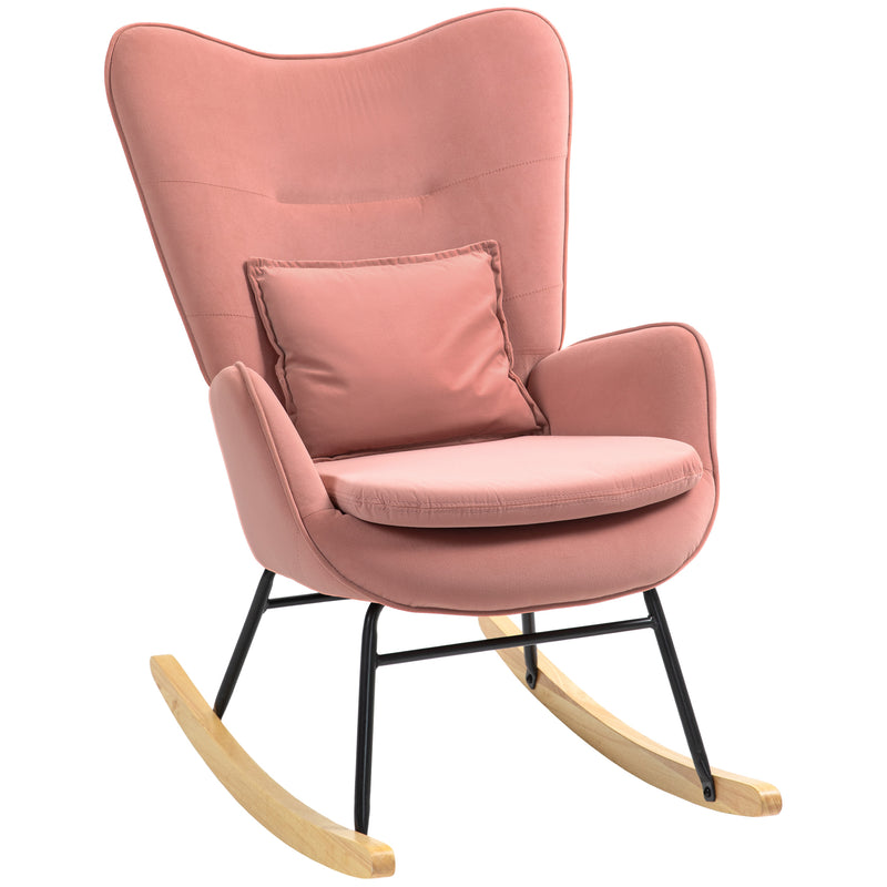 Pink Velvet Feel Rocking Armchair with Padded Seat and Wooden Base by HOMCOM