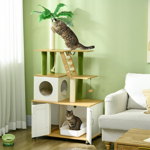2 in 1 Hidden Cat Litter Box and Cat Tree with Scratching Posts and House, Oak