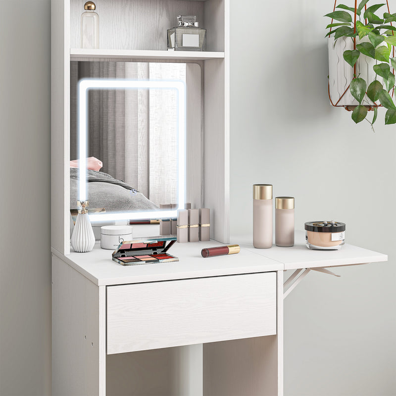 Compact Vanity Desk with LED Mirror Drop Leaf and Storage Shelves for Bedroom, White