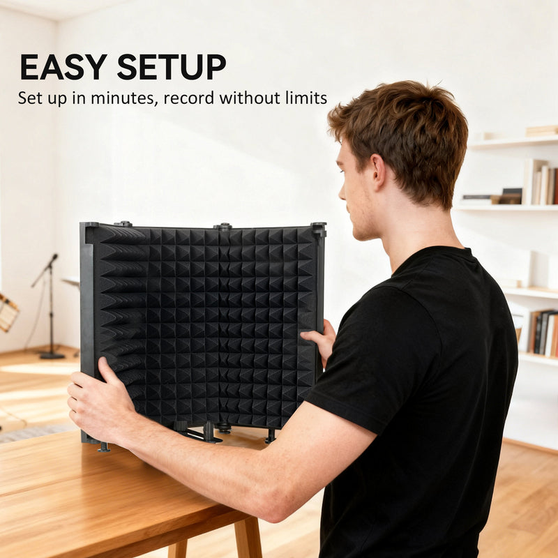 Foldable Microphone Isolation Shield With Adjustable Panels For Studio Recording Black AOSOM