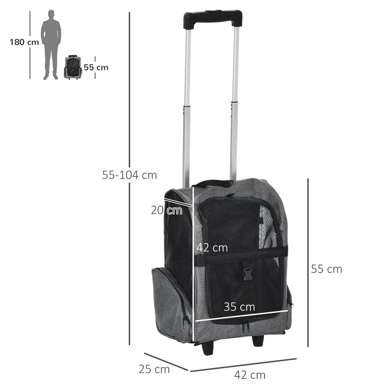 Pet Travel Backpack Trolley Carrier With Telescopic Handle For Cats And Small Dogs, Grey