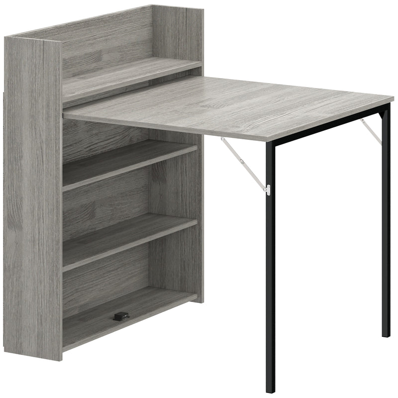 Extendable Folding Dining Table with Storage Shelves for Small Spaces Grey Wood Effect