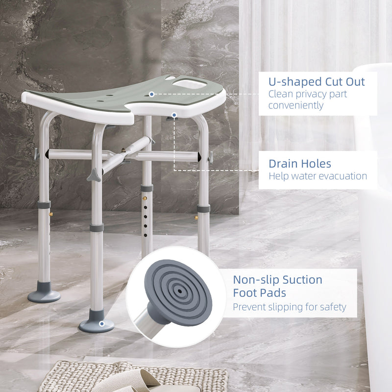 Adjustable Padded Shower Stool with U Shaped Seat for Elderly or Disabled Use, Grey