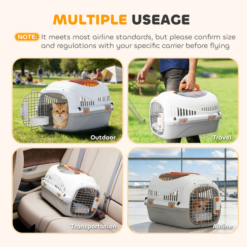 Plastic Pet Carrier with Secure Steel Door and Feeding Bowl for Cats and Small Dogs Grey
