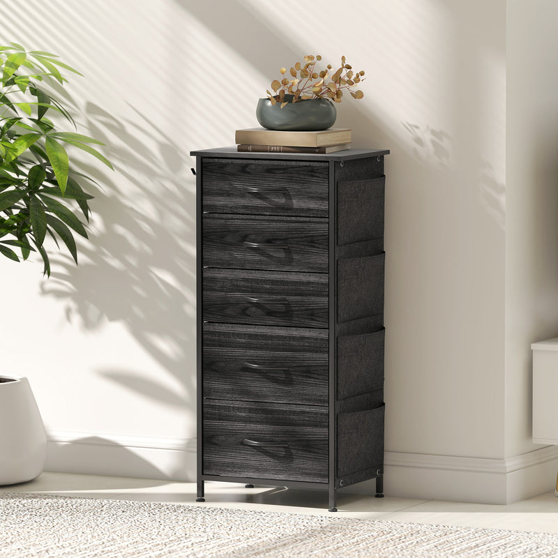 Chest of Five Fabric Drawers With Wooden Top for Bedroom or Hallway Storage Black