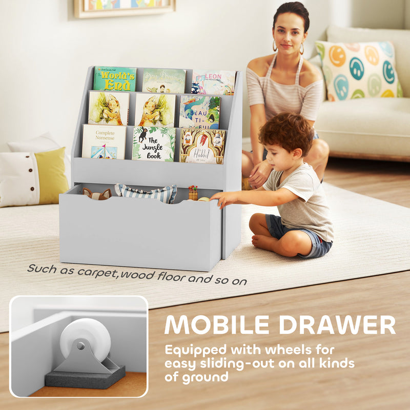 Kids Bookcase with Shelves and Drawer for Bedroom or Playroom Storage Grey