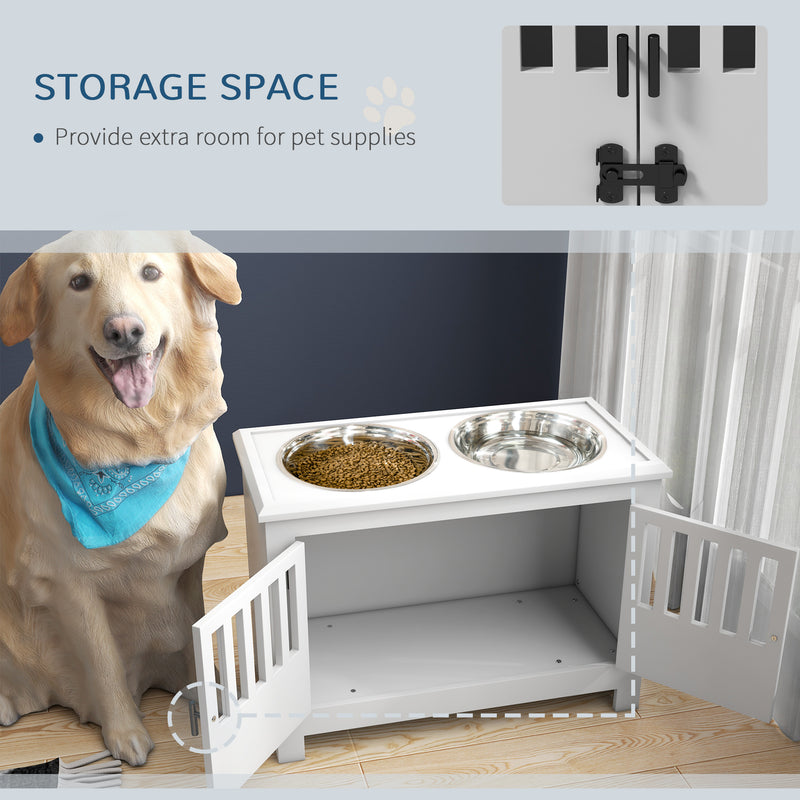 Raised Dog Feeding Station With Storage For Food And Water Bowls For Large Pets, White