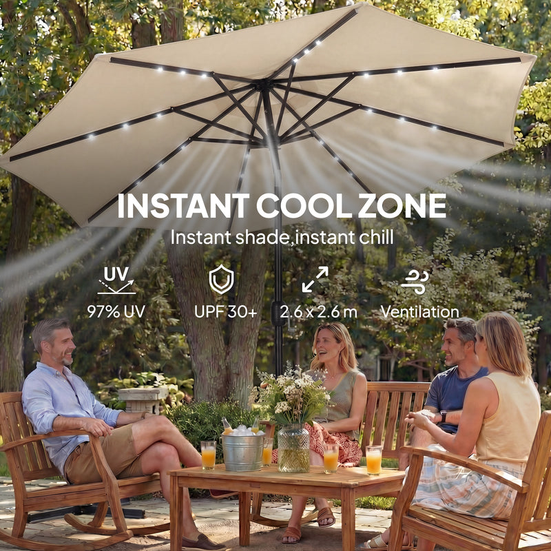 Patio Umbrella With Lights Adjustable Shade for Day and Night Use, Beige (Free Rain Cover)