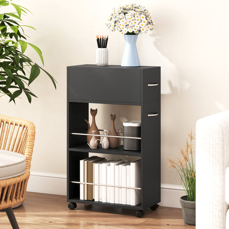 Slim Kitchen Storage Trolley with Drawer and Shelves for Narrow Spaces Black