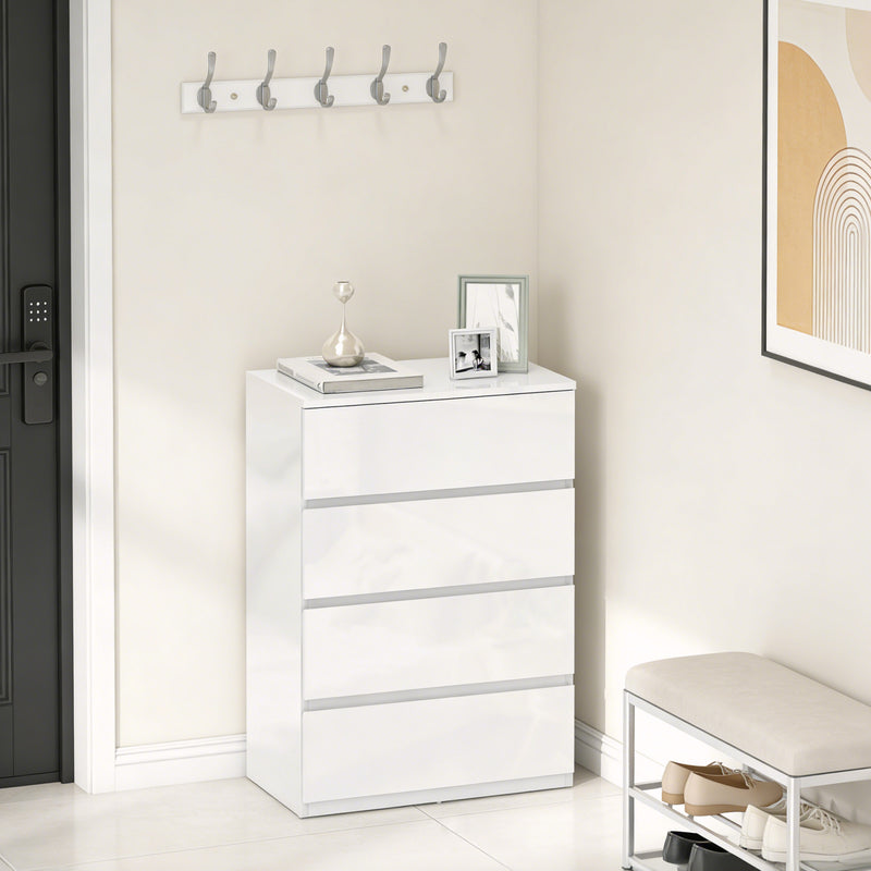 Modern 4 Drawer Bedroom Chest of Drawers With High Gloss Finish For Storage, White AOSOM