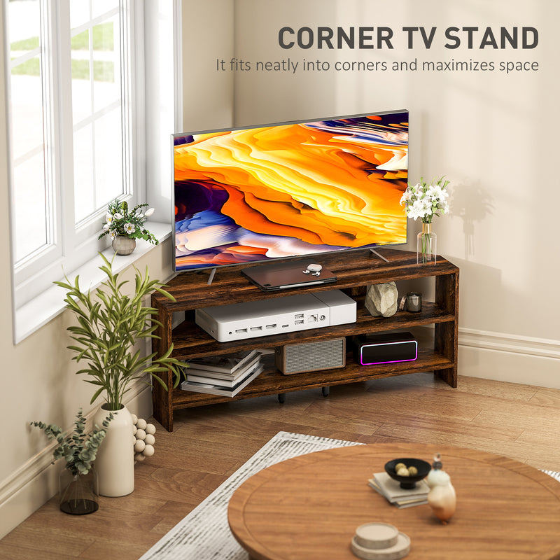 Rustic Brown Corner TV Stand for 47 Inch TV with Open Shelves for Storage and Display