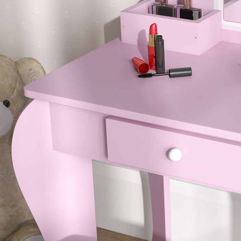 Kids Vanity Table Set with Mirror Stool and Storage for Ages 3 to 6 Years, Pink