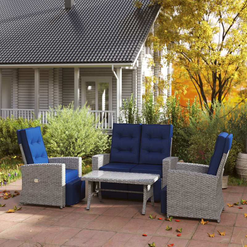 4 Piece Rattan Garden Furniture Set Navy Blue With Glass Table by Outsunny
