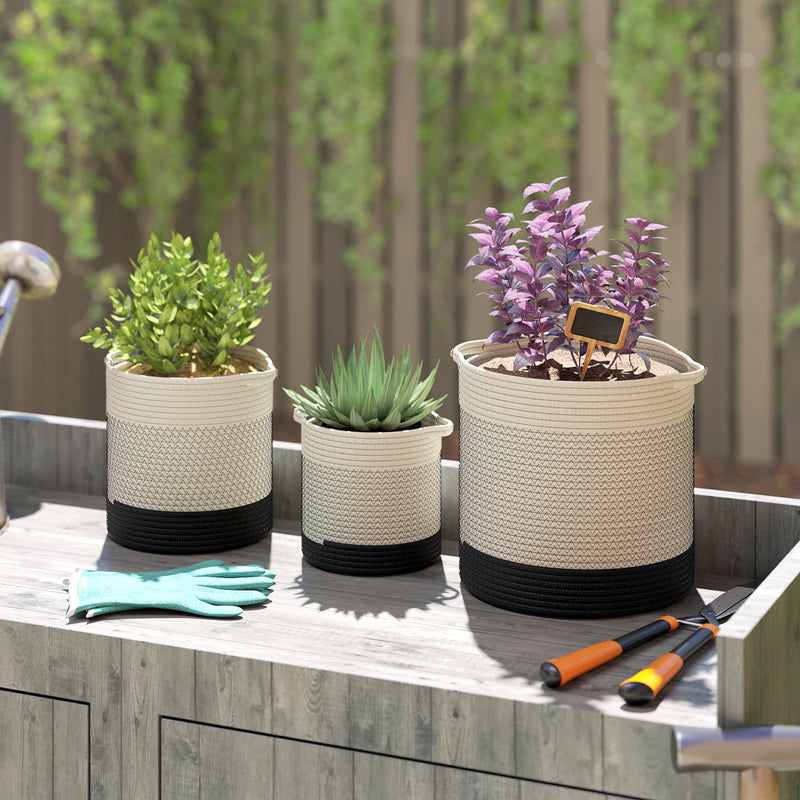 Set of 3 Handwoven Cotton Rope Plant Pots with Waterproof Liner for Indoor or Outdoor Use White AOSOM