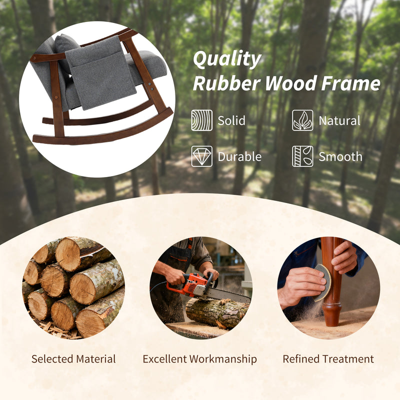 Wooden Frame Rocking Accent Chair With Padded Seat For Living Room Comfort, Grey